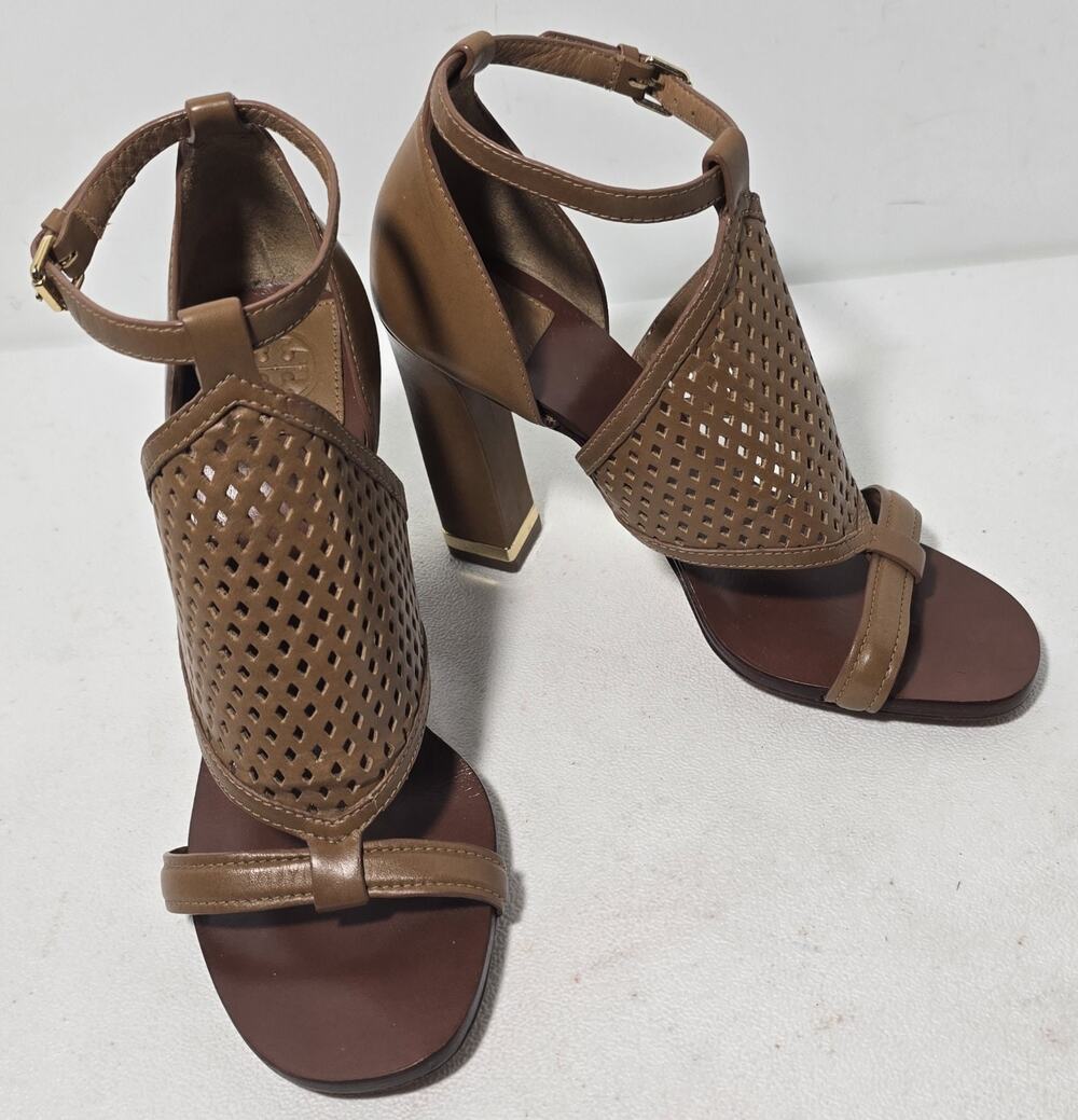 Tory Burch Womens Doris Leather Sandals 4" High Block Heel Royal Tan Size 7 M